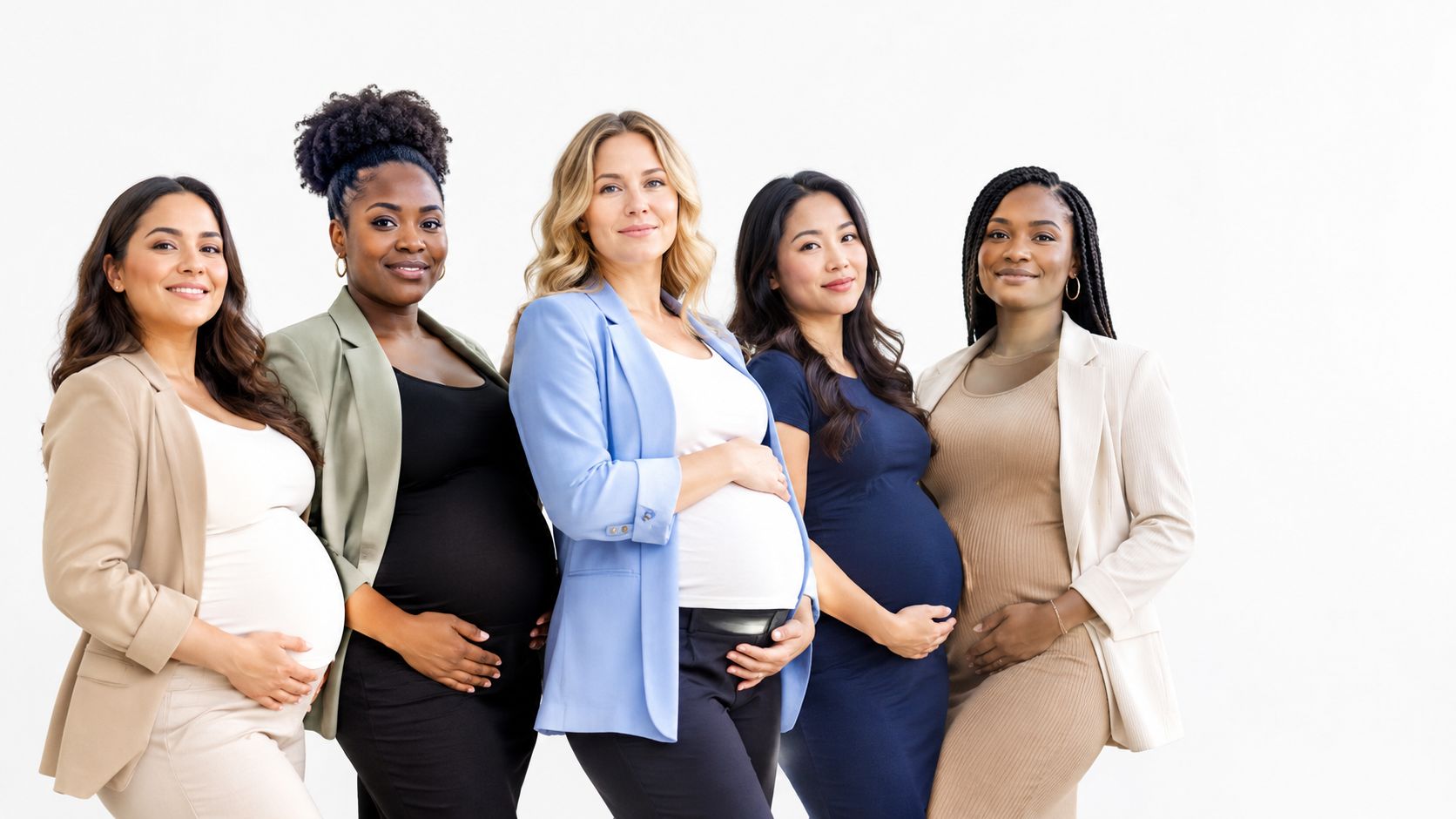 A diverse group of five pregnant women standing together in professional attire against a white background.