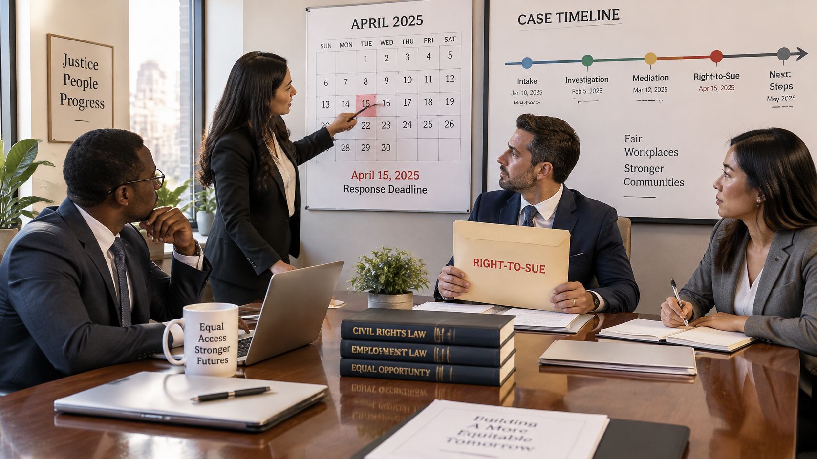 A professional legal team collaborating on a wrongful termination case in a modern office meeting room.